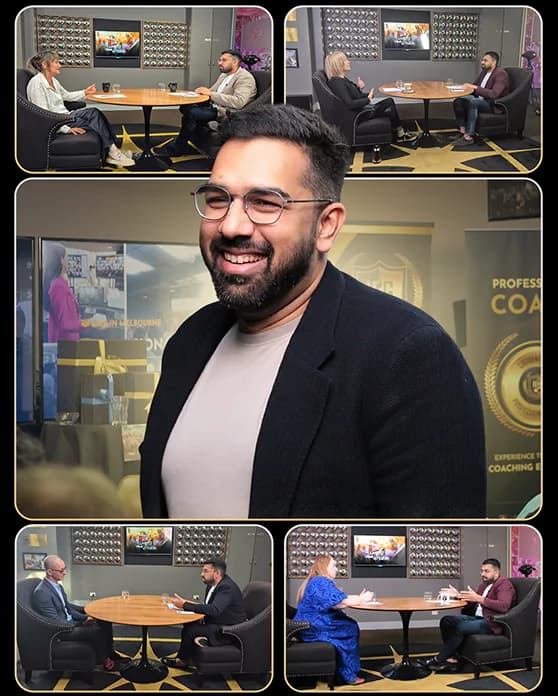Rashid Mubashir in the studio, with scenes from four episode recordings